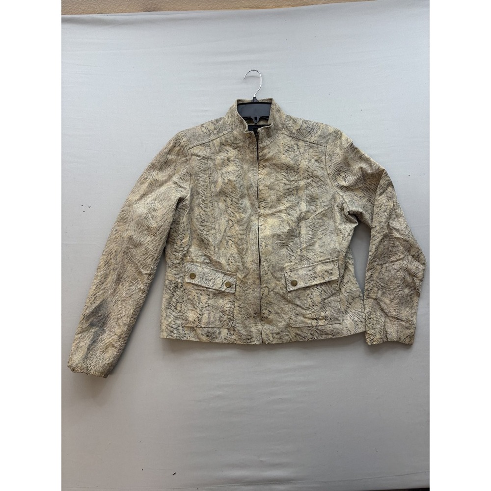 ALFANI Womens Genuine Leather Snakeskin Print Full Zip Jacket Beige Size L